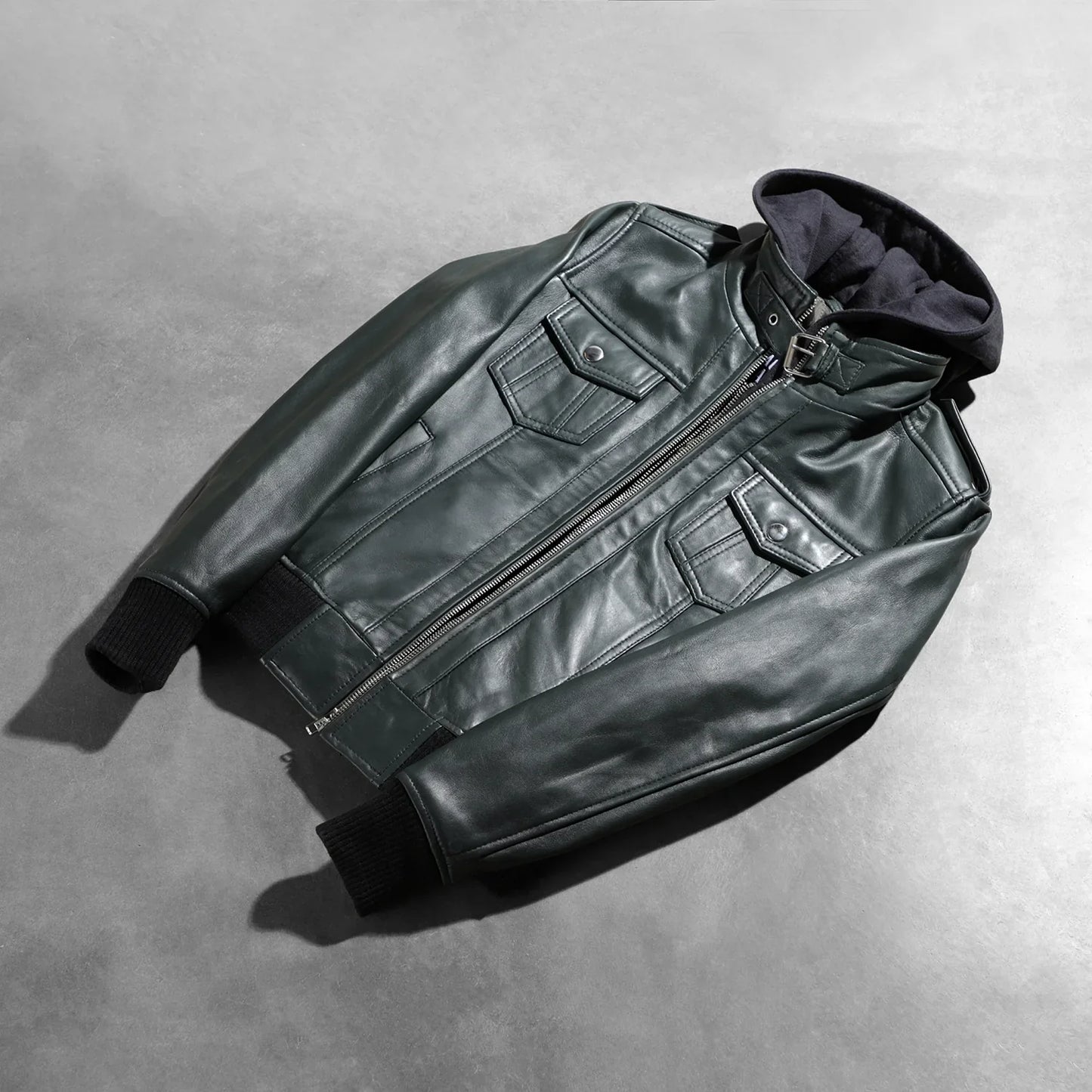 Roslyn Green Hooded Leather Bomber Jacket SH559