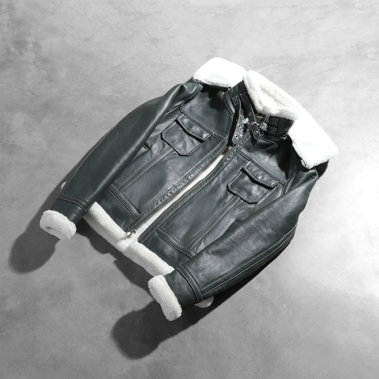 Fiona Green Hooded Shearling Leather Jacket SH605