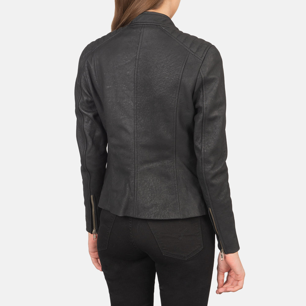 Kelsee Distressed Black Leather Biker Jacket SH593