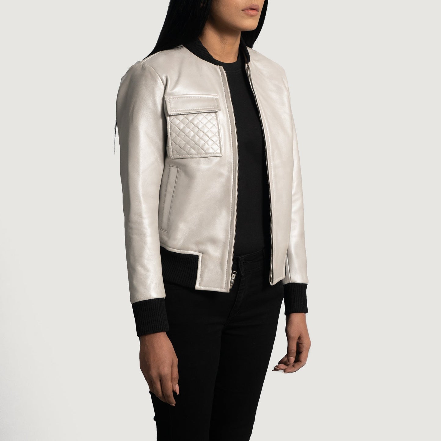 Lana Silver Leather Bomber Jacket SH588