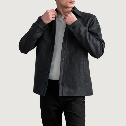Bronco Tumbled Black Leather Overshirt