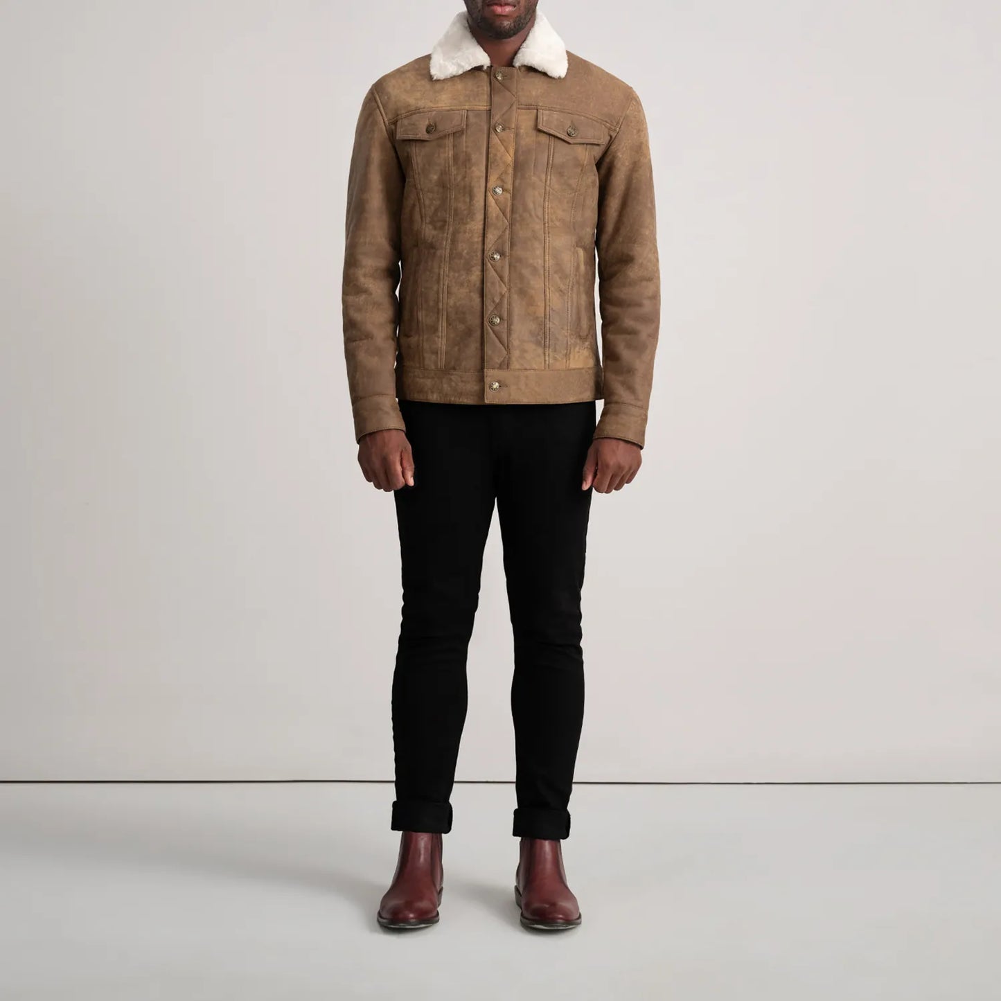 Dallis Distressed Brown Leather Shearling Trucker Jacket