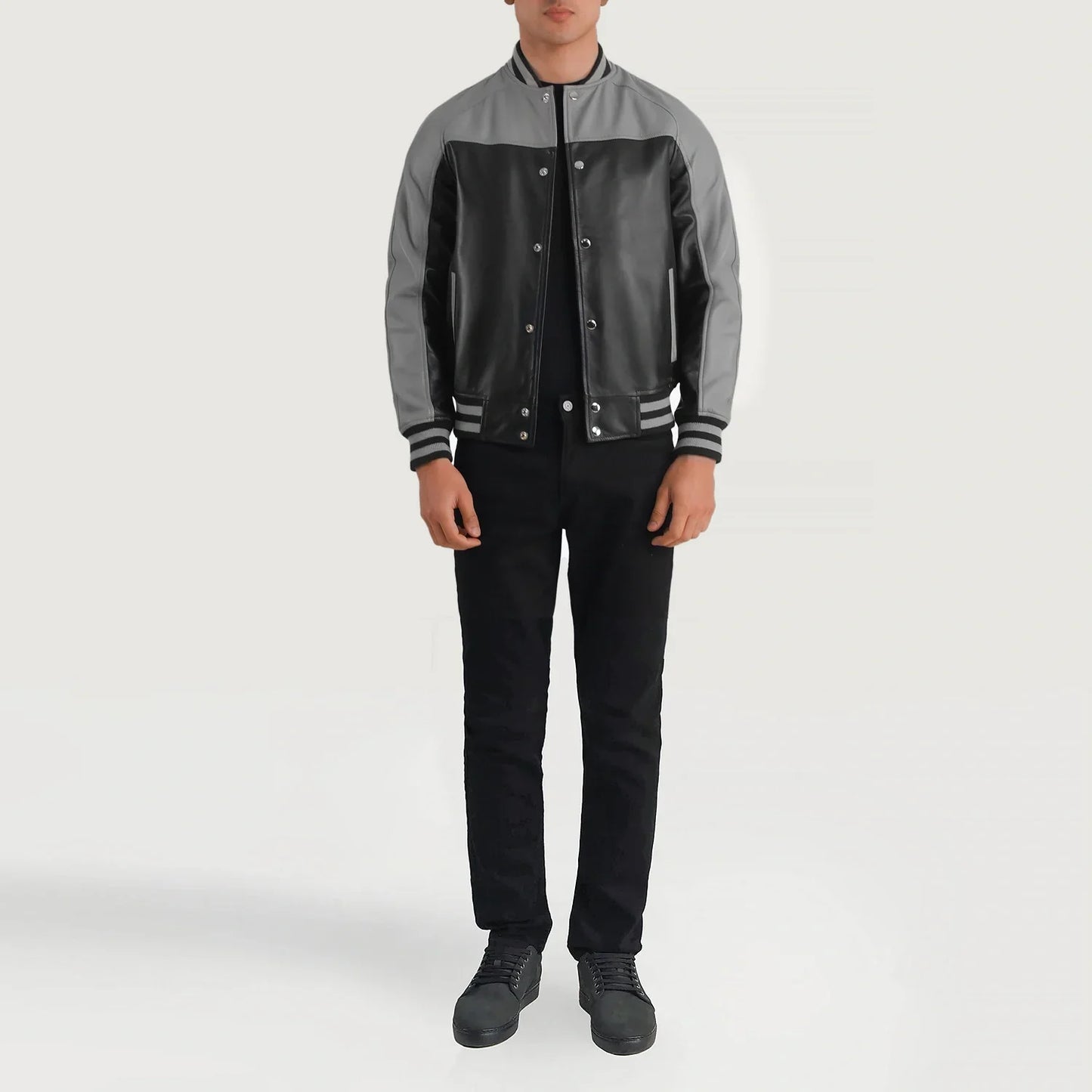 Terrance Black & Grey Leather Varsity Jacket SH68