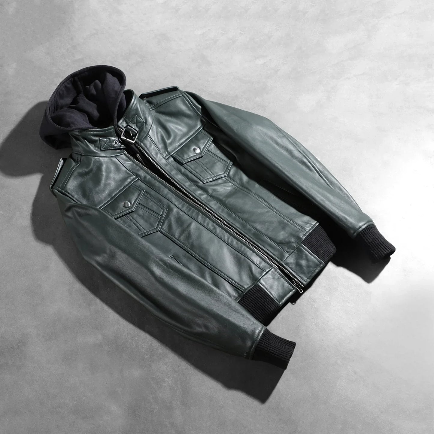 Roslyn Green Hooded Leather Bomber Jacket SH559
