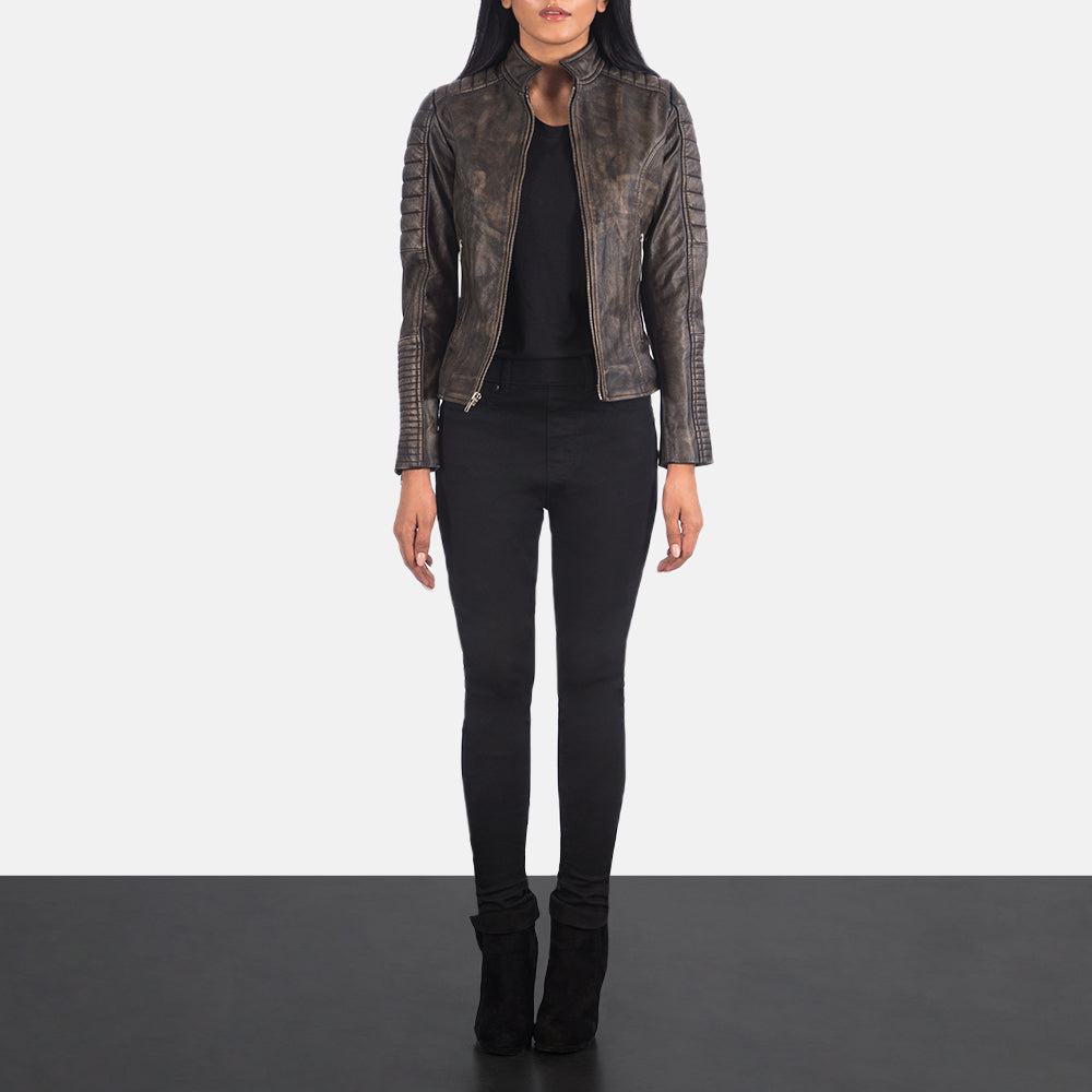 Adalyn Quilted Distressed Brown Leather Biker Jacket SH652