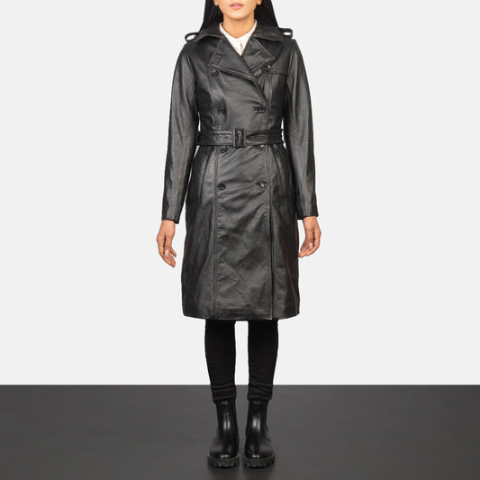 Alice Black Double Breasted Leather Coat SH646
