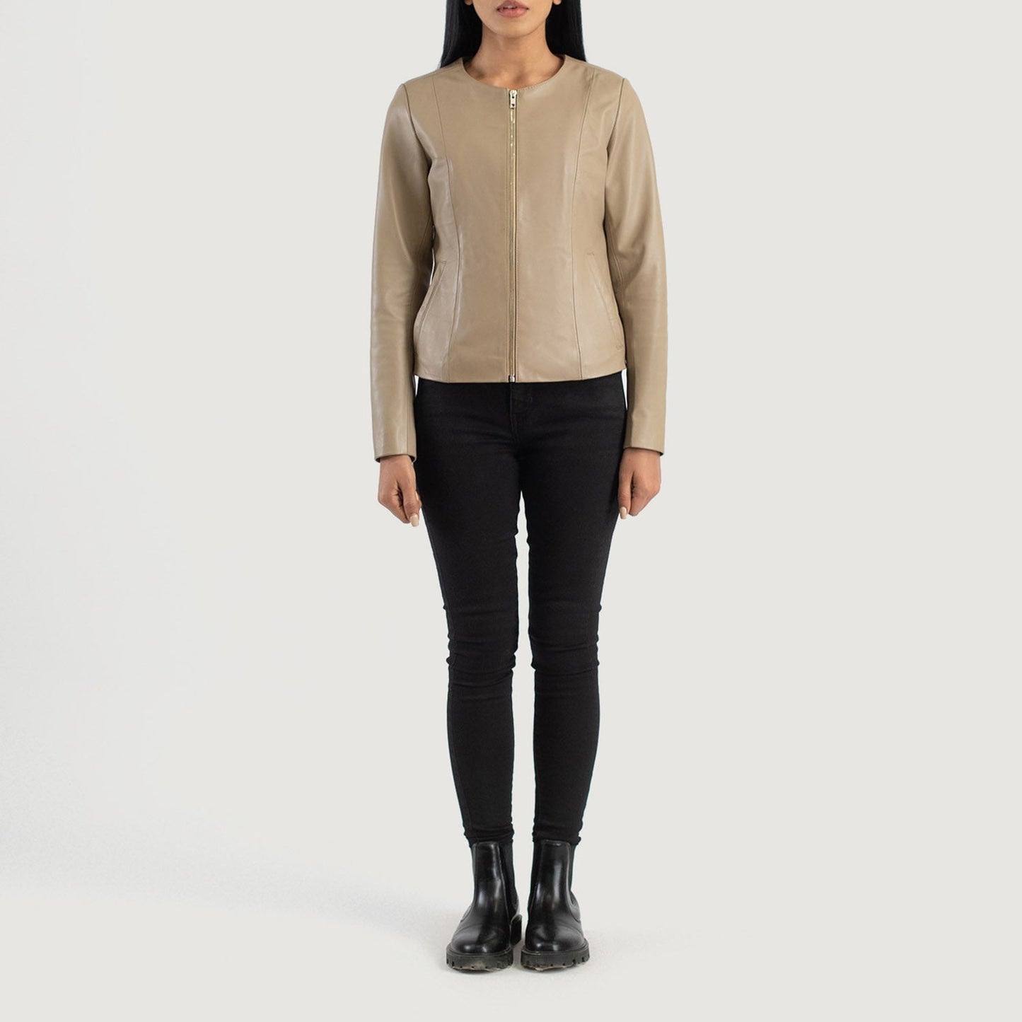 Elixir Beige Collarless Leather Jacket SH614