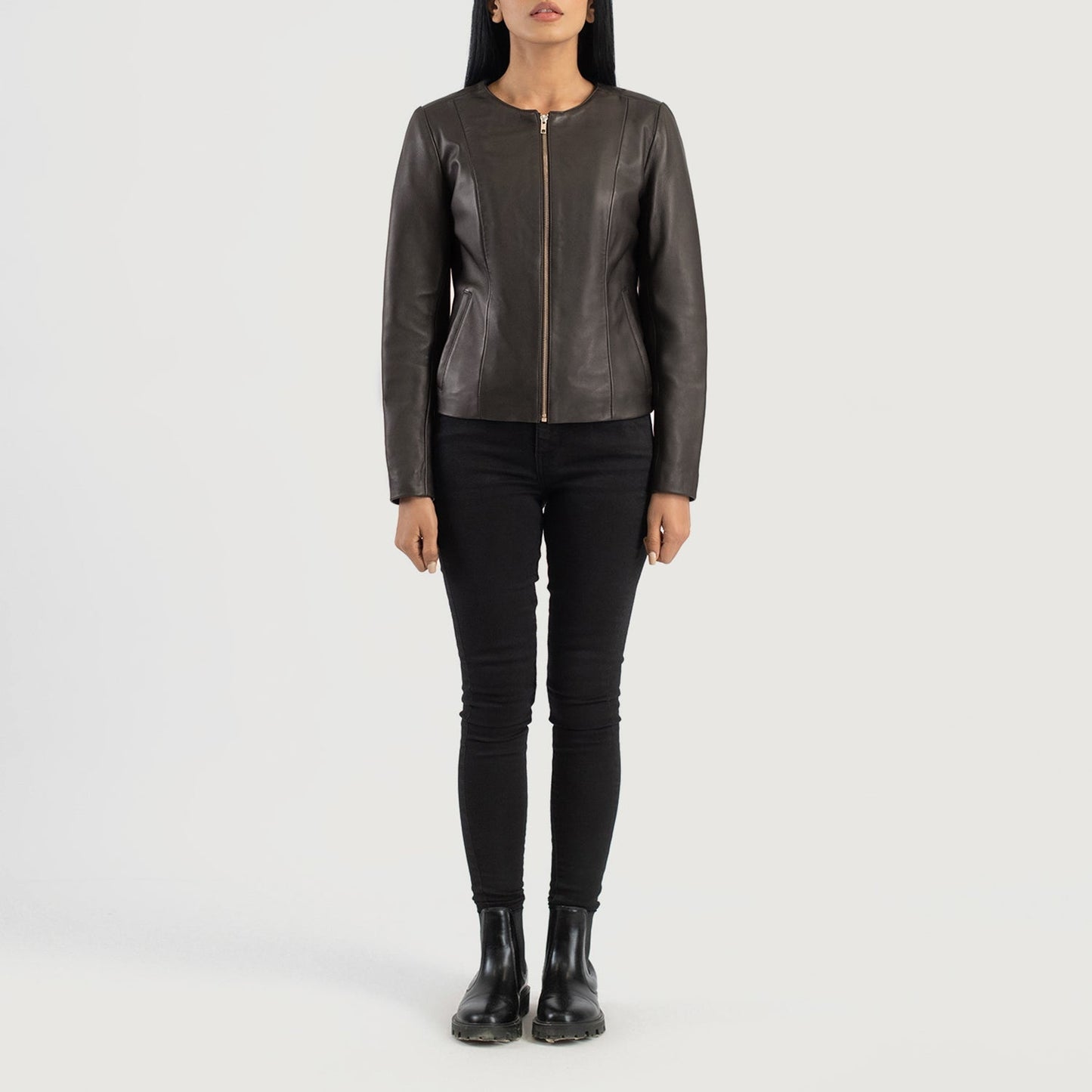 Elixir Brown Collarless Leather Jacket SH612