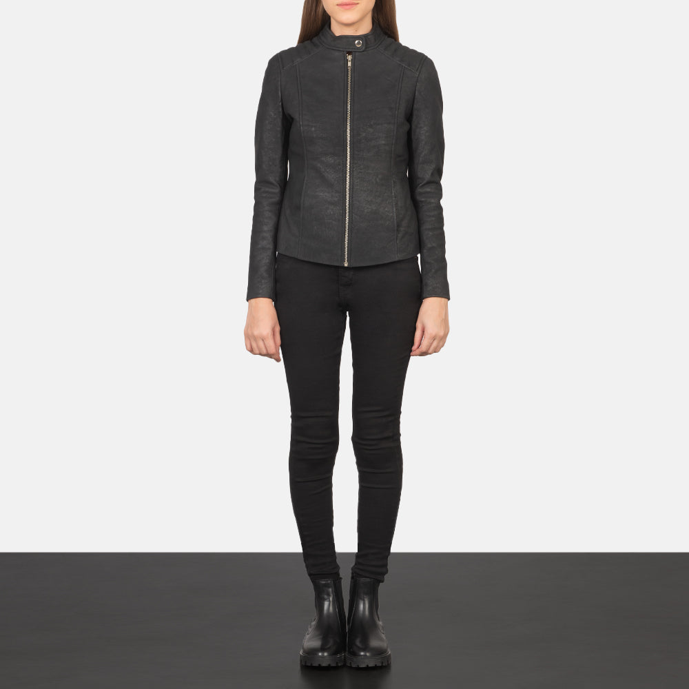 Kelsee Distressed Black Leather Biker Jacket SH593