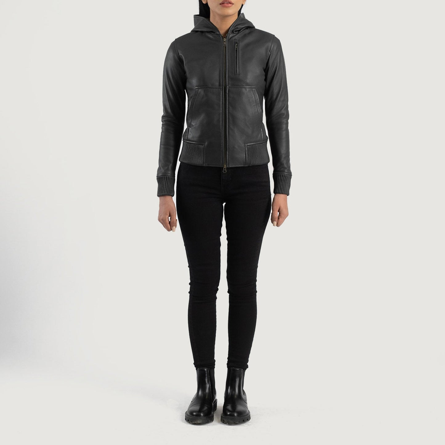 Luna Black Hooded Leather Bomber Jacket SH586