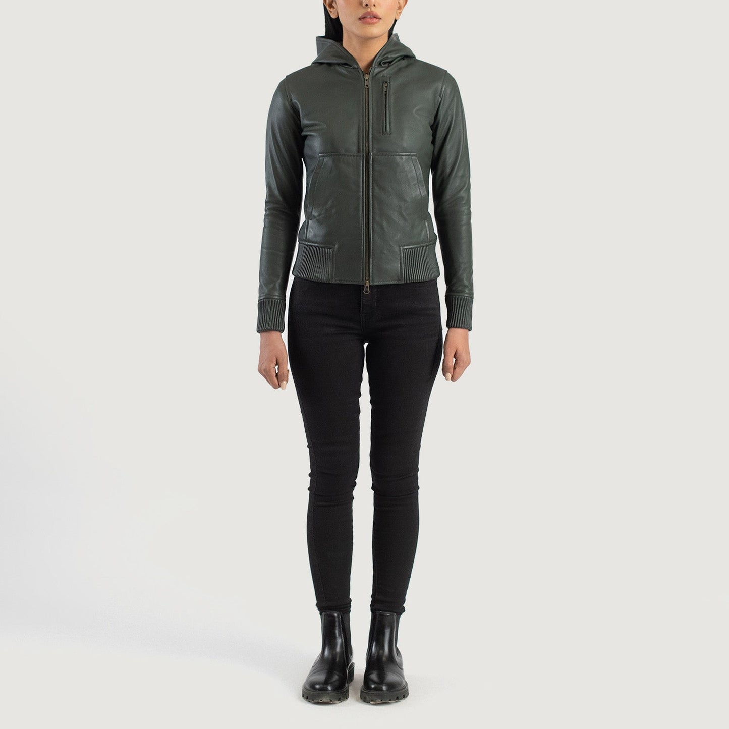 Luna Green Hooded Leather Bomber Jacket SH584