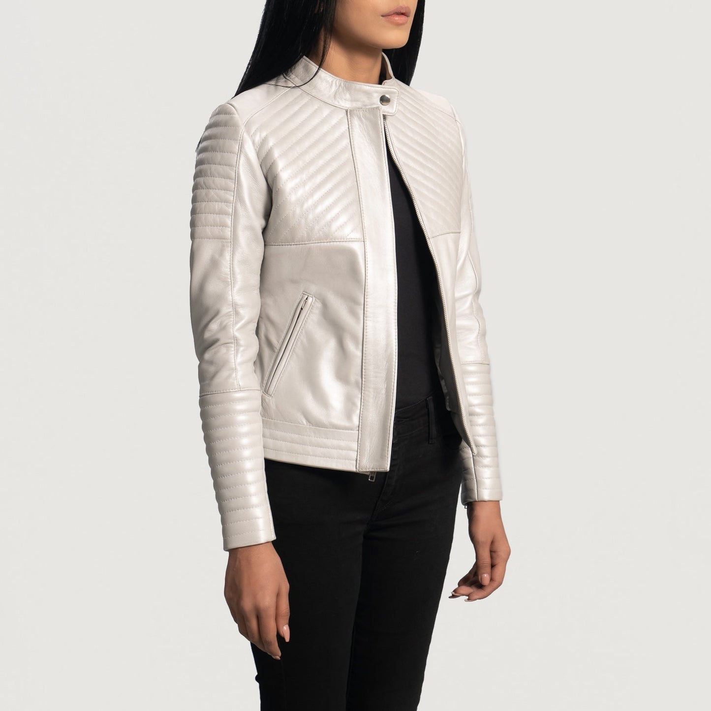 Ice Maiden Silver Quilted Leather Biker Jacket SH596