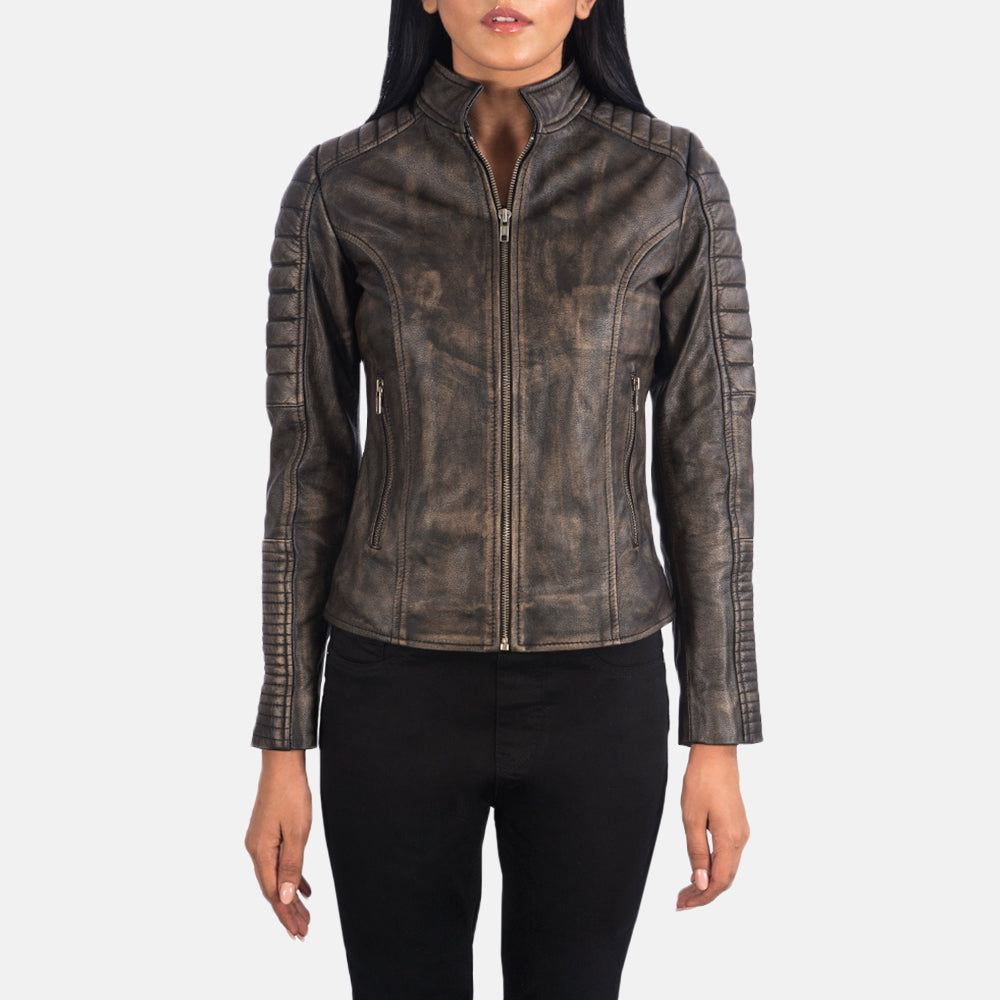 Adalyn Quilted Distressed Brown Leather Biker Jacket SH652