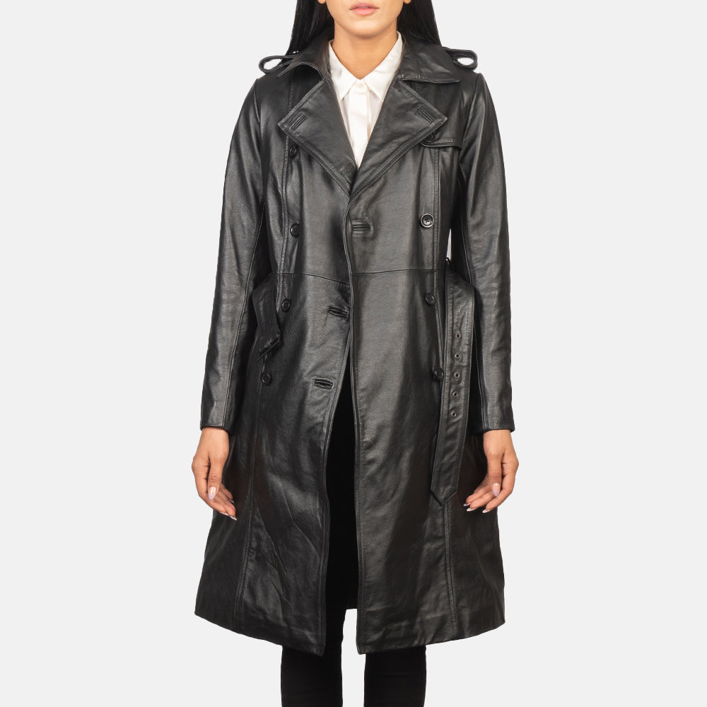 Alice Black Double Breasted Leather Coat SH646