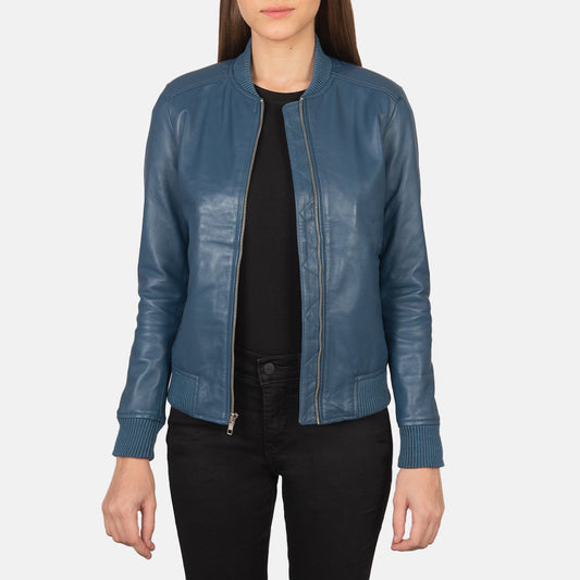 Bliss Blue Leather Bomber Jacket SH631