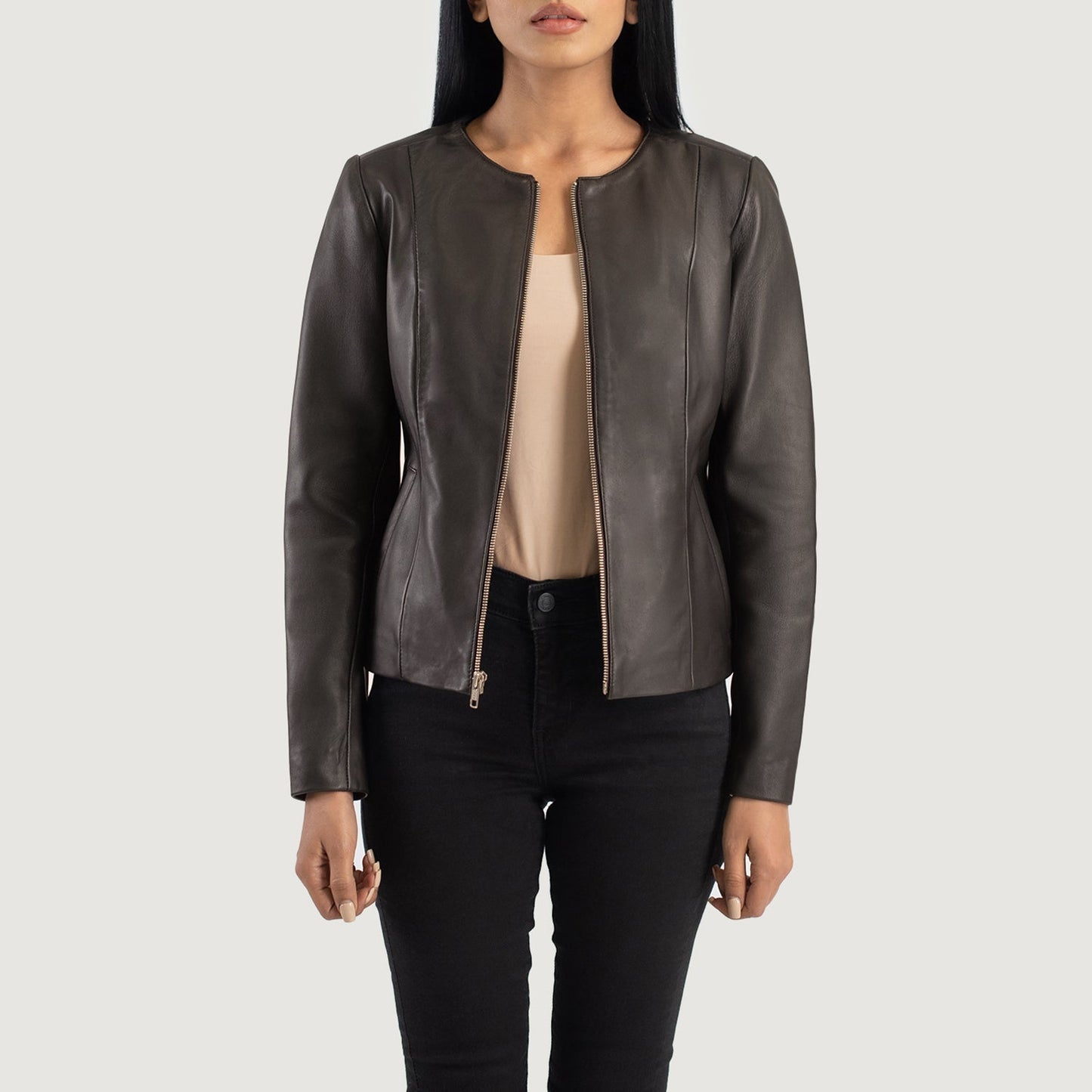 Elixir Brown Collarless Leather Jacket SH612