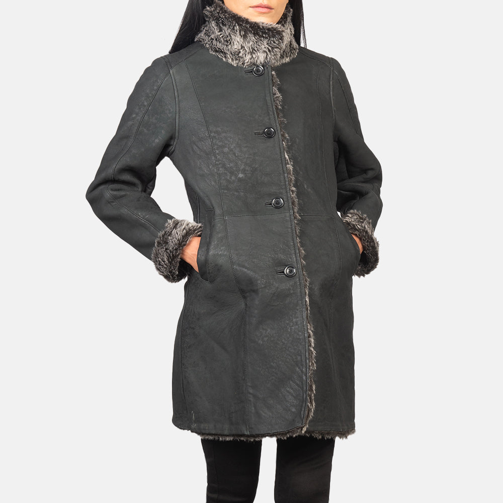 Erica Shearling Black Leather Coat SH608