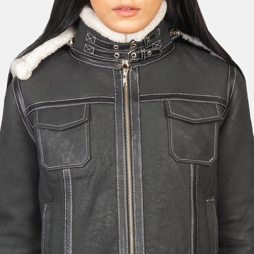 Fiona Black Hooded Shearling Leather Jacket SH607