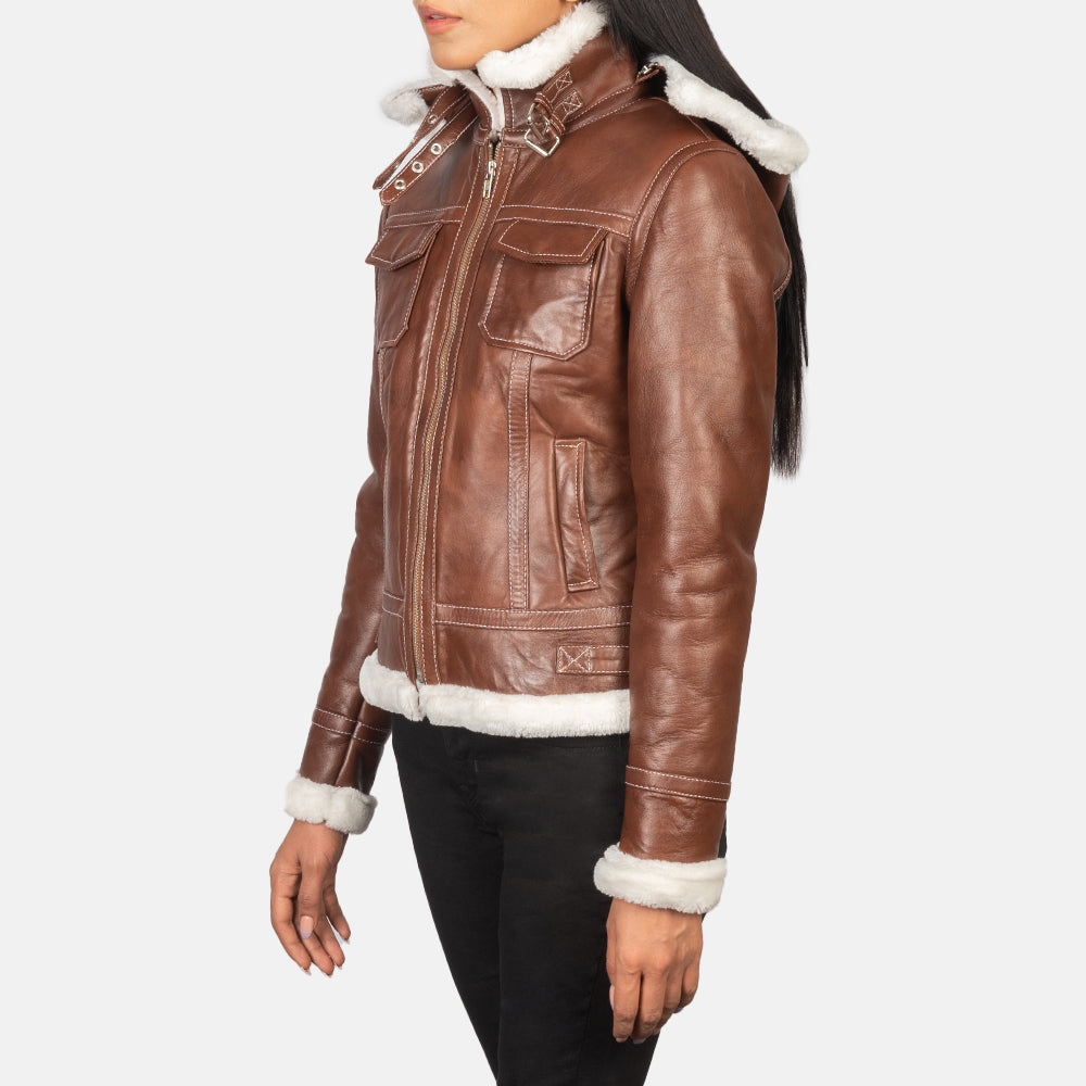 Fiona Brown Hooded Shearling Leather Jacket SH606