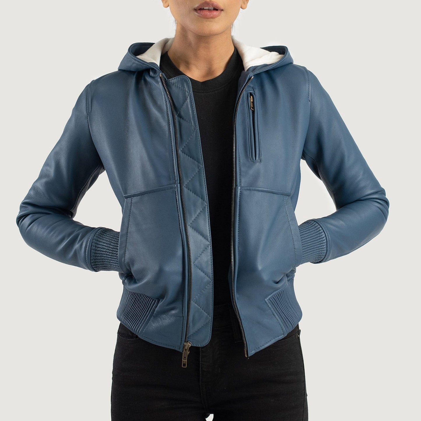 Luna Blue Hooded Leather Bomber Jacket SH585