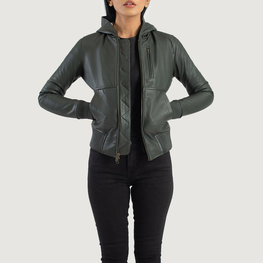 Luna Green Hooded Leather Bomber Jacket SH584