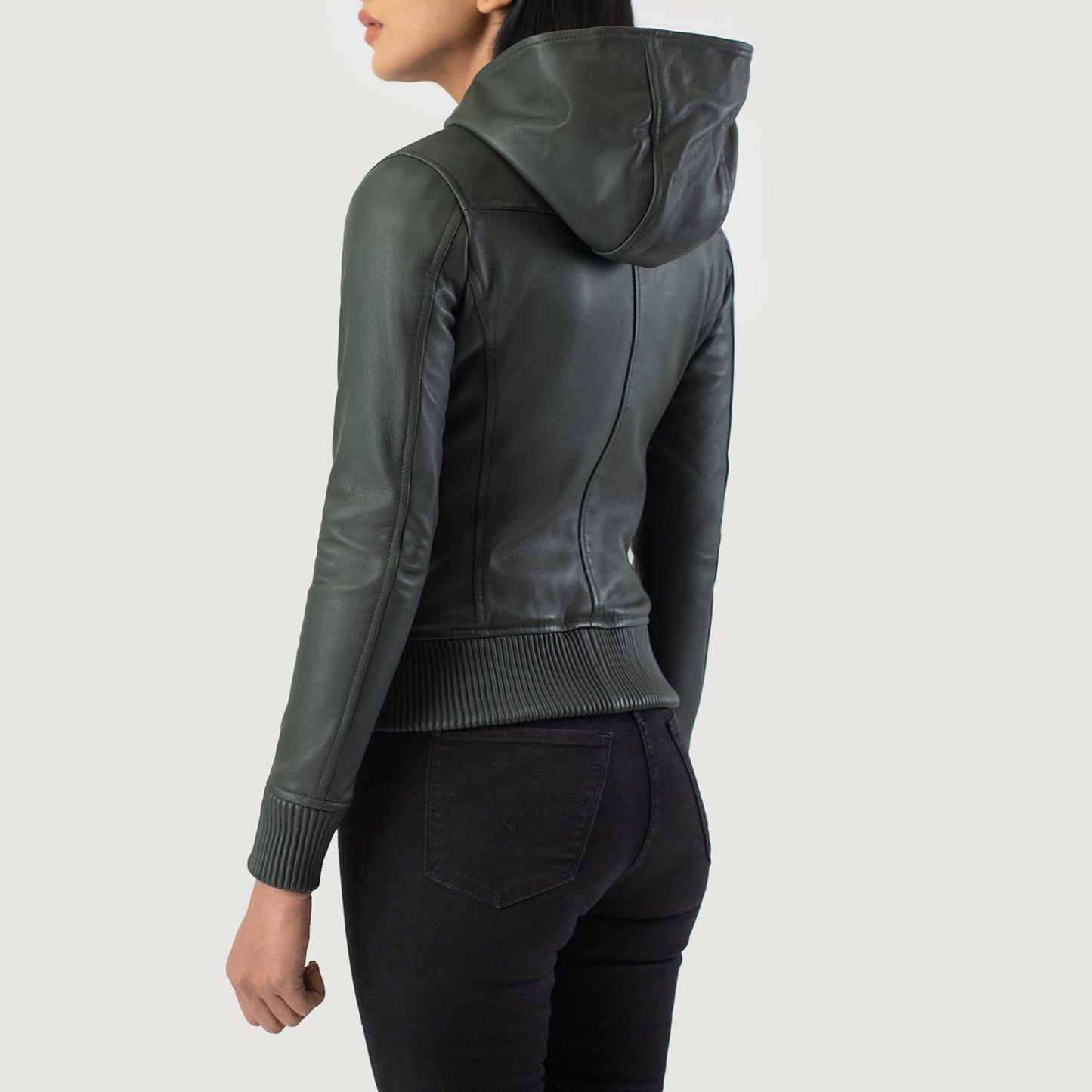 Luna Green Hooded Leather Bomber Jacket SH584