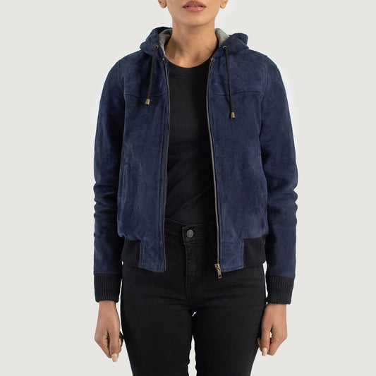 Rebella Blue Hooded Suede Bomber Jacket SH566