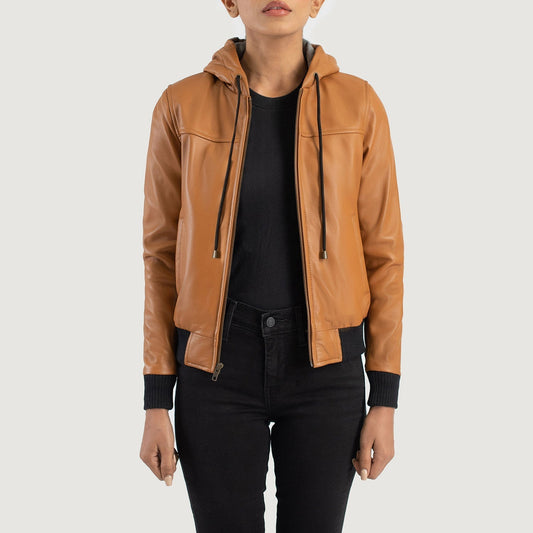 Rebella Brown Hooded Leather Bomber Jacket SH565