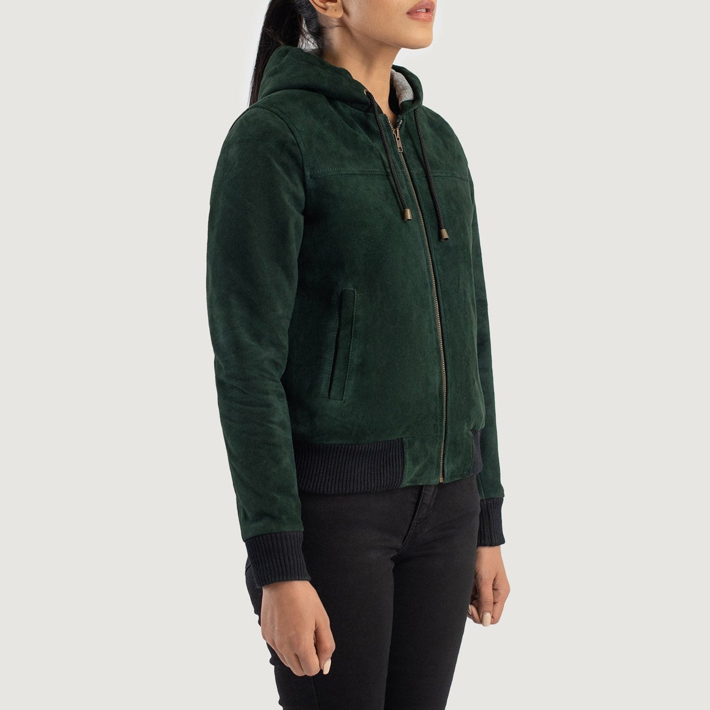 Rebella Green Hooded Suede Bomber Jacket SH564