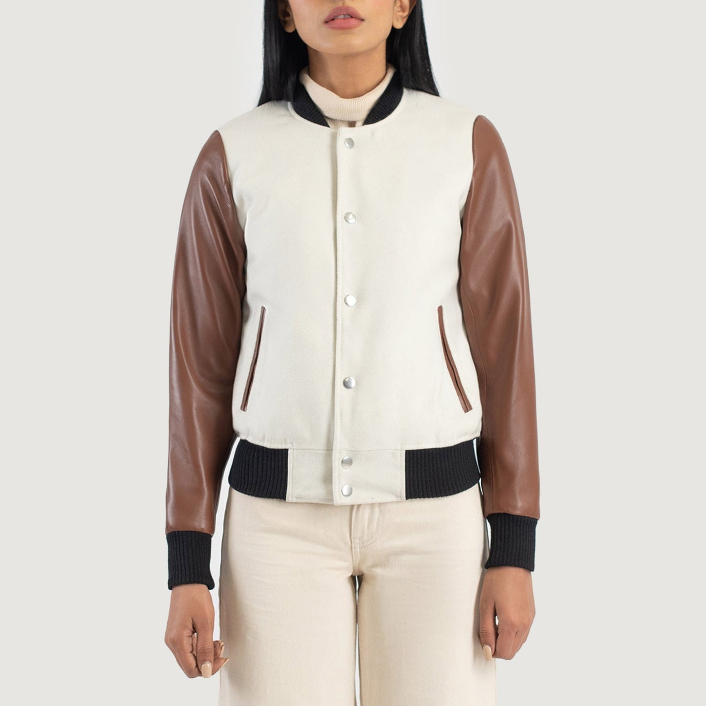 Savant White & Brown Hybrid Varsity Jacket SH539