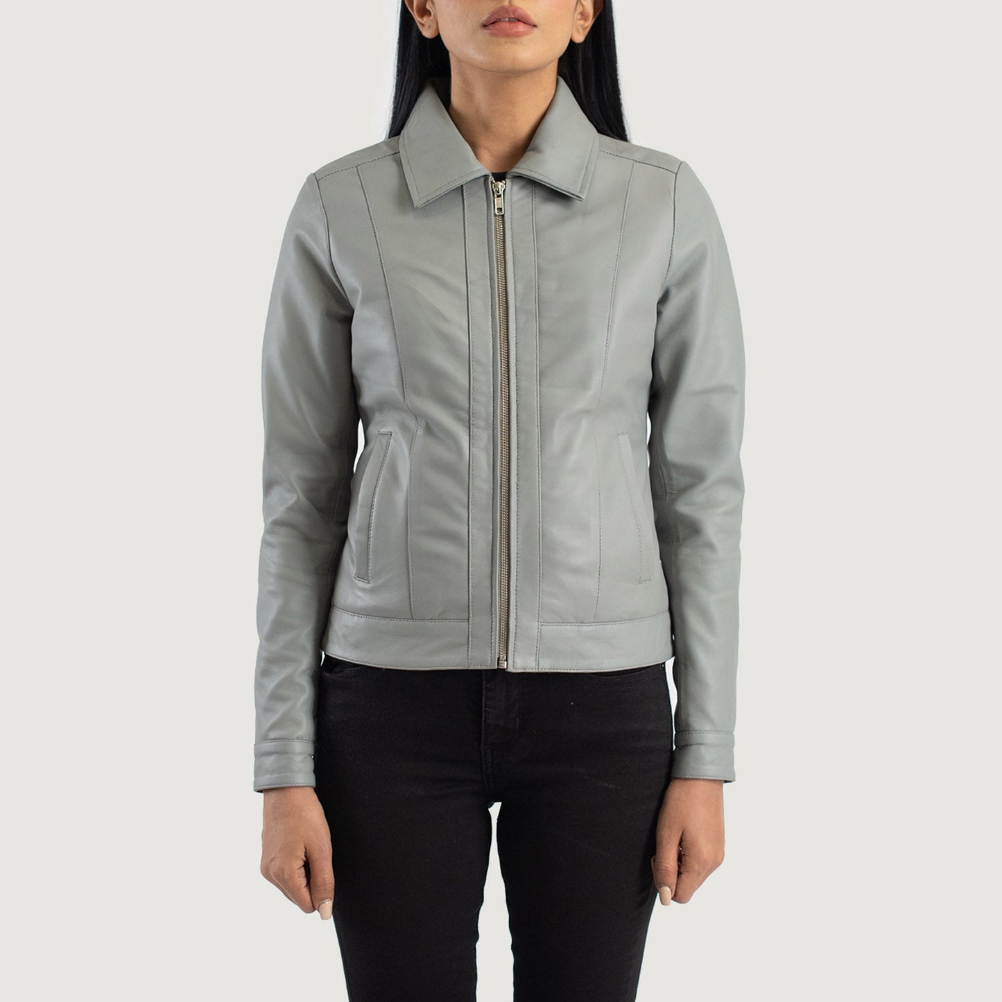 Vixen Grey Classic Collar Leather Jacket SH516