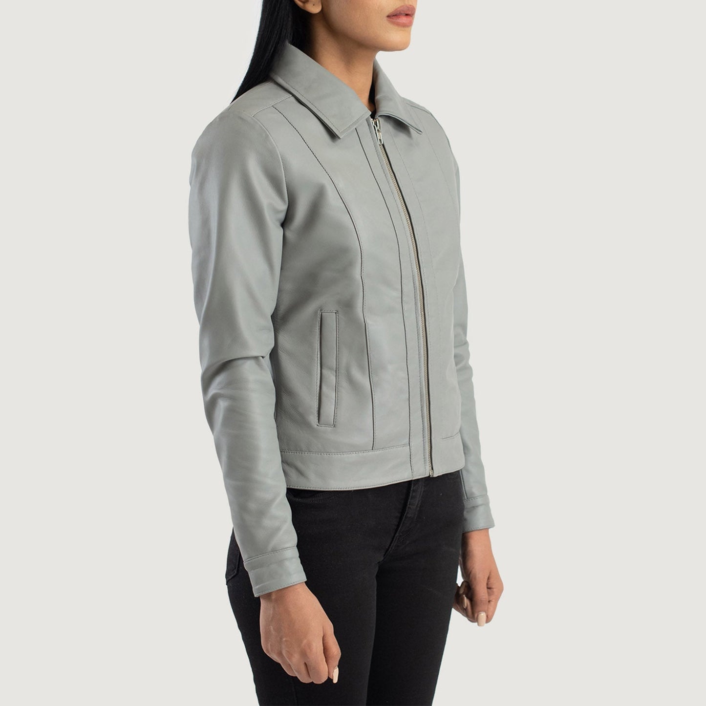 Vixen Grey Classic Collar Leather Jacket SH516