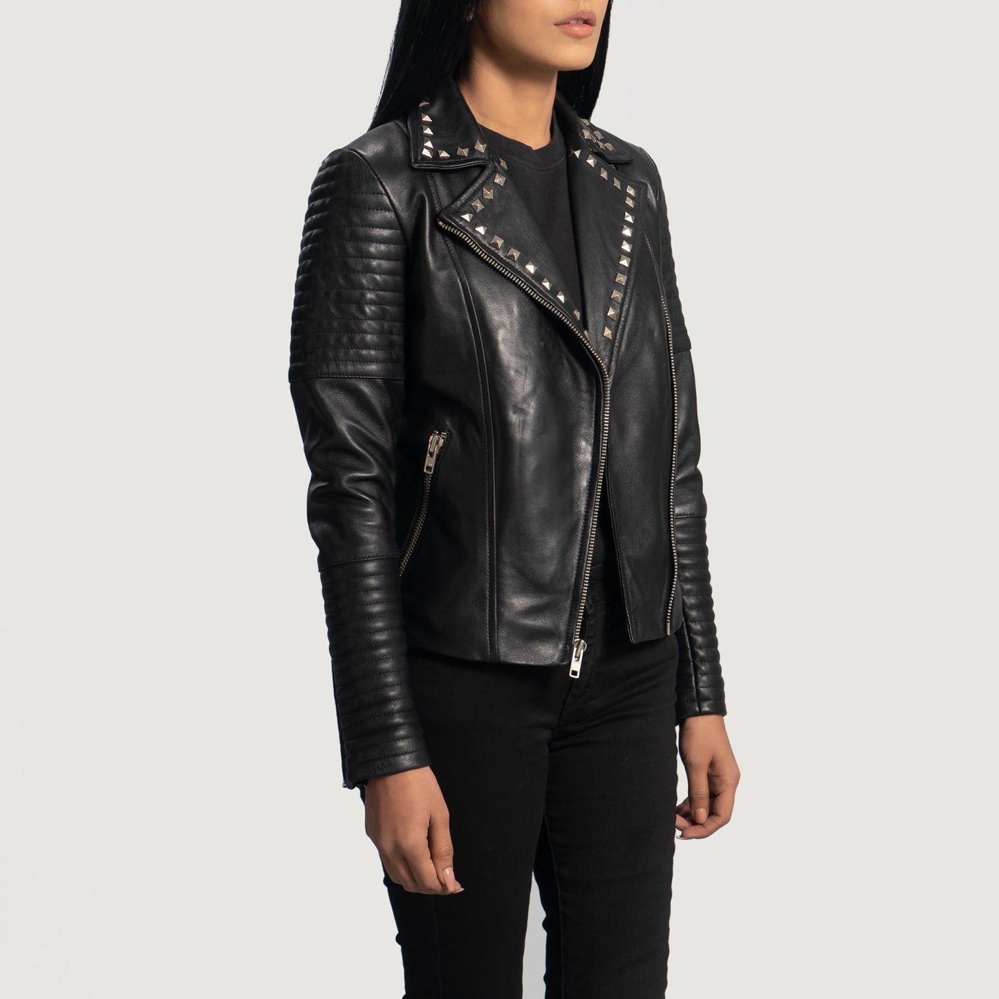 Sally Mae Studded Black Leather Biker Jacket SH550